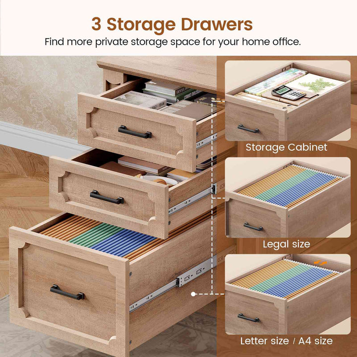 SEDETA 70.9 Inch Vintage L Shaped Computer Desk Reversible 105 Inch Long Executive Desk with Drawers Storage Cabinet Shelves Printer Stand Power Outlet