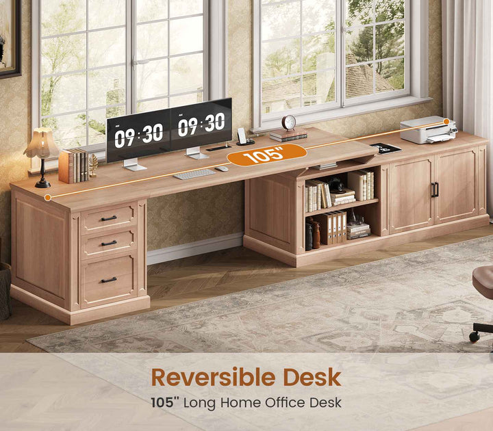 SEDETA 70.9 Inch Vintage L Shaped Computer Desk Reversible 105 Inch Long Executive Desk with Drawers Storage Cabinet Shelves Printer Stand Power Outlet