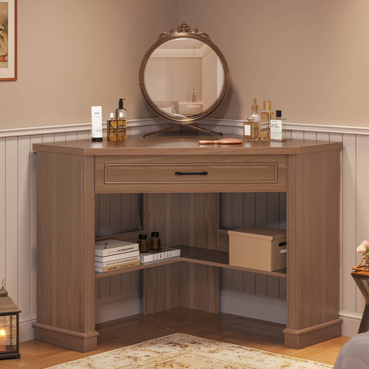 SEDETA 31.5 Inch Corner Desk Farmhouse Computer Desk with Storage Drawer Shelves for Small Space