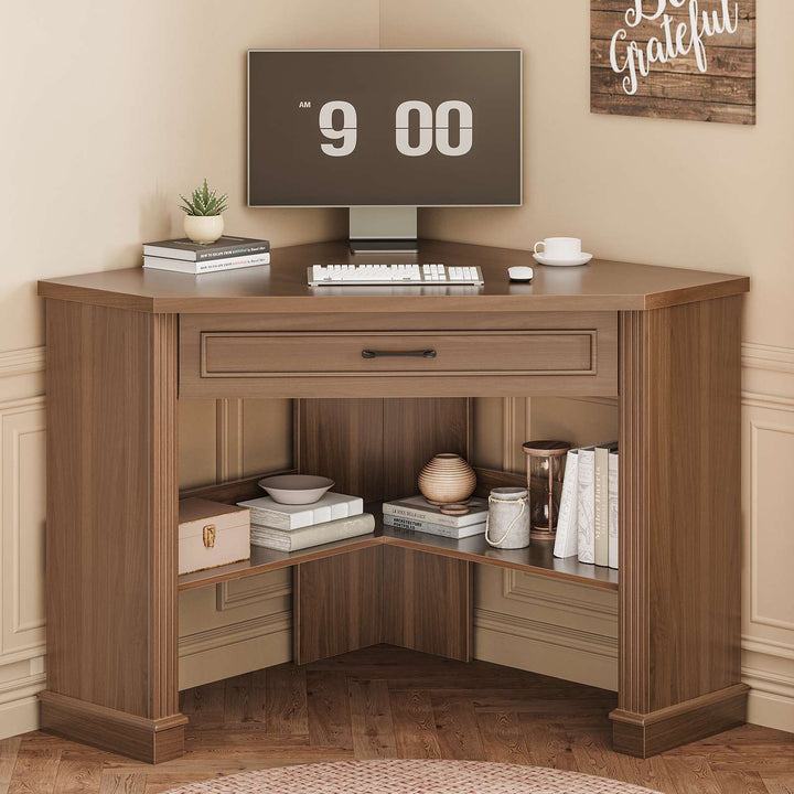 SEDETA 31.5 Inch Corner Desk Farmhouse Computer Desk with Storage Drawer Shelves for Small Space
