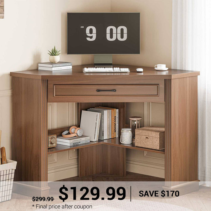 SEDETA 31.5 Inch Corner Desk Farmhouse Computer Desk with Storage Drawer Shelves for Small Space
