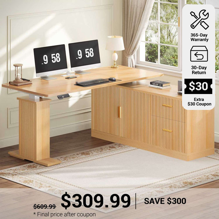 SEDETA® 55 Inch L Shaped Standing Desk Fluted Computer Desks Electric Height Adjustable with Storage Drawers Power Outlets Modern Light Luxury