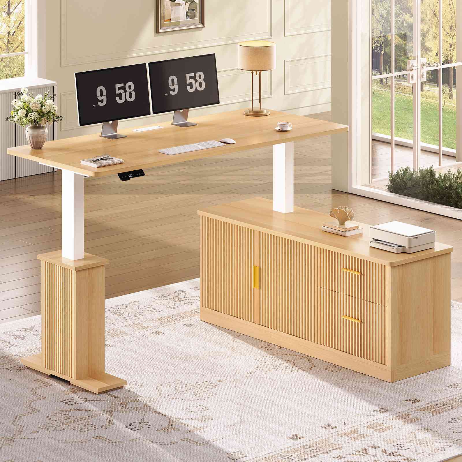 SEDETA 55 Inch L Shaped Fluted Electric Standing Desk Height Adjustabl