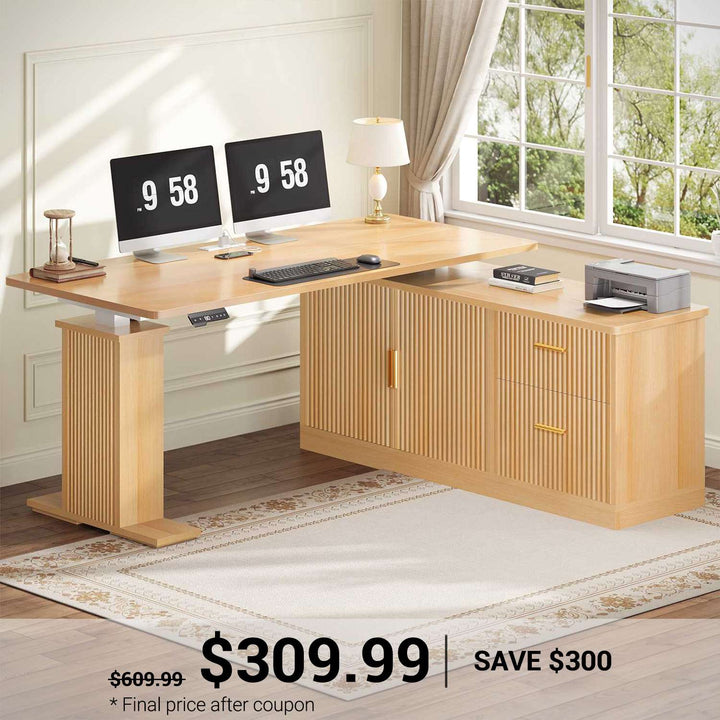 SEDETA® 55 Inch L Shaped Standing Desk Fluted Computer Desks Electric Height Adjustable with Storage Drawers Power Outlets Modern Light Luxury