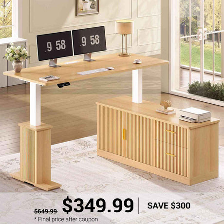 SEDETA 55 Inch L Shaped Fluted Electric Standing Desk Height Adjustable Modern Light Luxury Corner Computer Desk with Storage Drawers Power Outlets