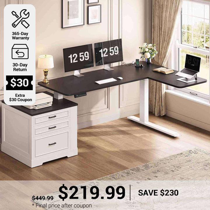 SEDETA® 70.9 Inch L Shaped Electric Standing Computer Desk Farmhouse Height Adjustable Office Executive Desk with 3 Drawers Power Outlet