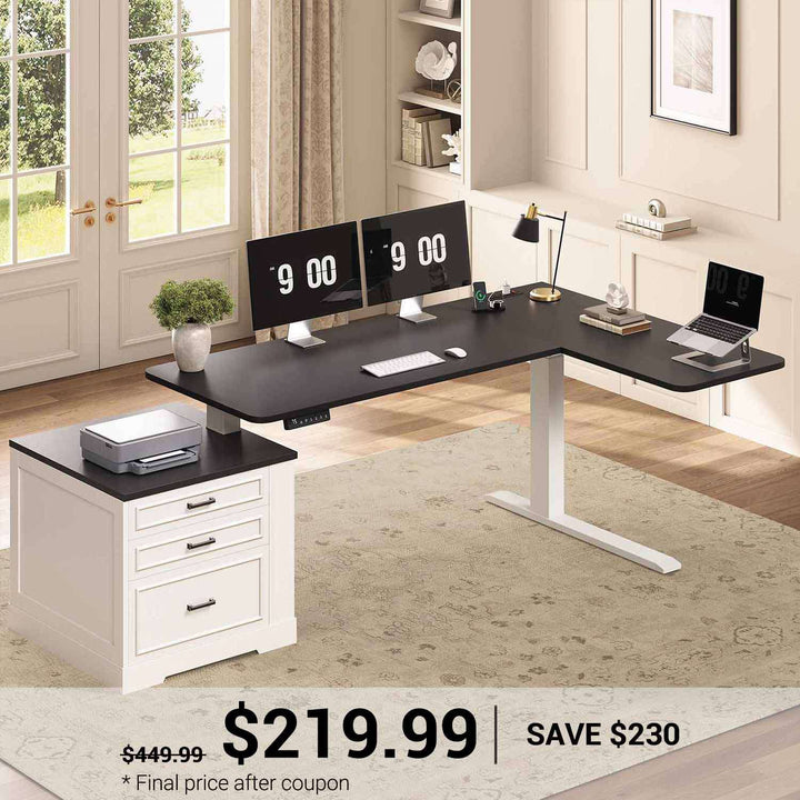 SEDETA | 70.9 Inch Farmhouse Standing Computer Desks Electric Height Adjustable L Shaped Office Executive Desk with Power Outlet 3 Drawers for Home Office