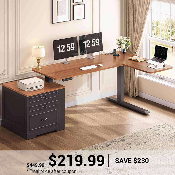 SEDETA | 70.9 Inch Farmhouse Standing Computer Desks Electric Height Adjustable L Shaped Office Executive Desk with Power Outlet 3 Drawers for Home Office