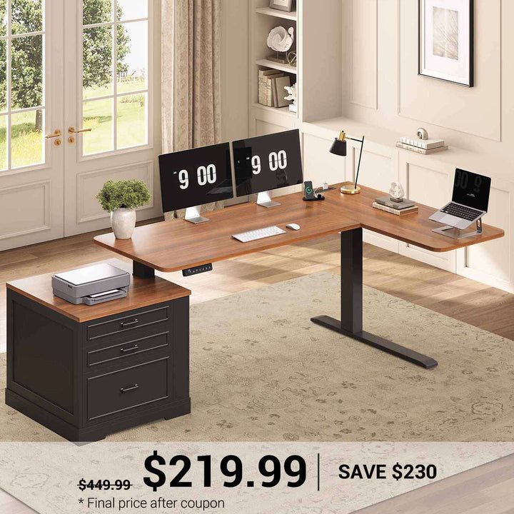 SEDETA | 70.9 Inch Farmhouse Standing Computer Desks Electric Height Adjustable L Shaped Office Executive Desk with Power Outlet 3 Drawers for Home Office