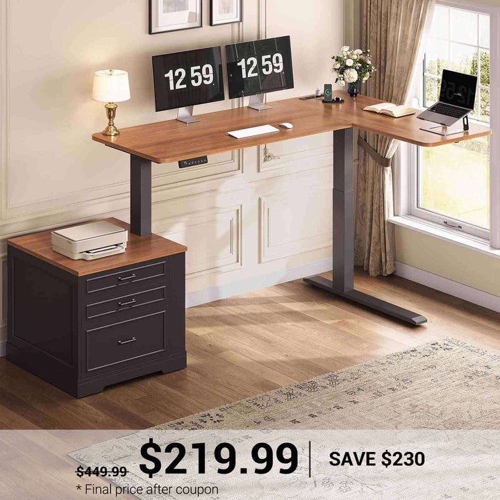 SEDETA | 70.9 Inch Farmhouse Standing Computer Desks Electric Height Adjustable L Shaped Office Executive Desk with Power Outlet 3 Drawers for Home Office