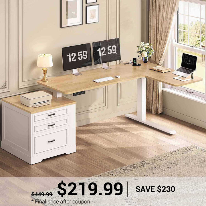 SEDETA | 70.9 Inch Farmhouse Standing Computer Desks Electric Height Adjustable L Shaped Office Executive Desk with Power Outlet 3 Drawers for Home Office