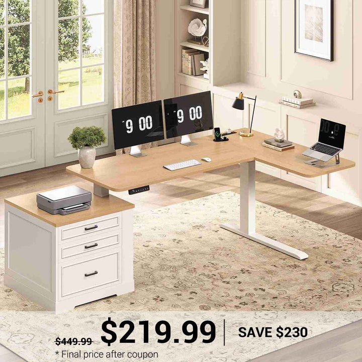 SEDETA | 70.9 Inch Farmhouse Standing Computer Desks Electric Height Adjustable L Shaped Office Executive Desk with Power Outlet 3 Drawers for Home Office
