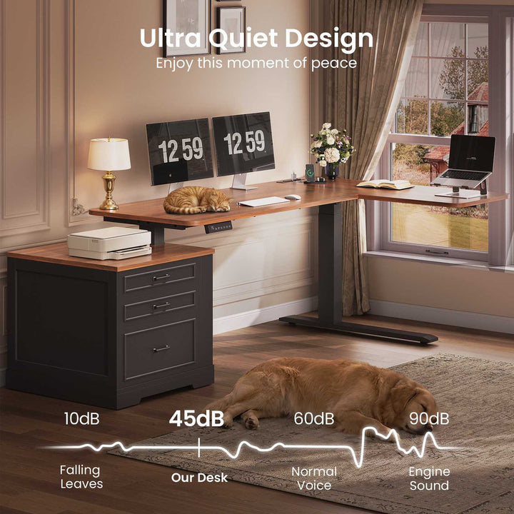 SEDETA | 70.9 Inch Farmhouse Standing Computer Desks Electric Height Adjustable L Shaped Office Executive Desk with Power Outlet 3 Drawers for Home Office