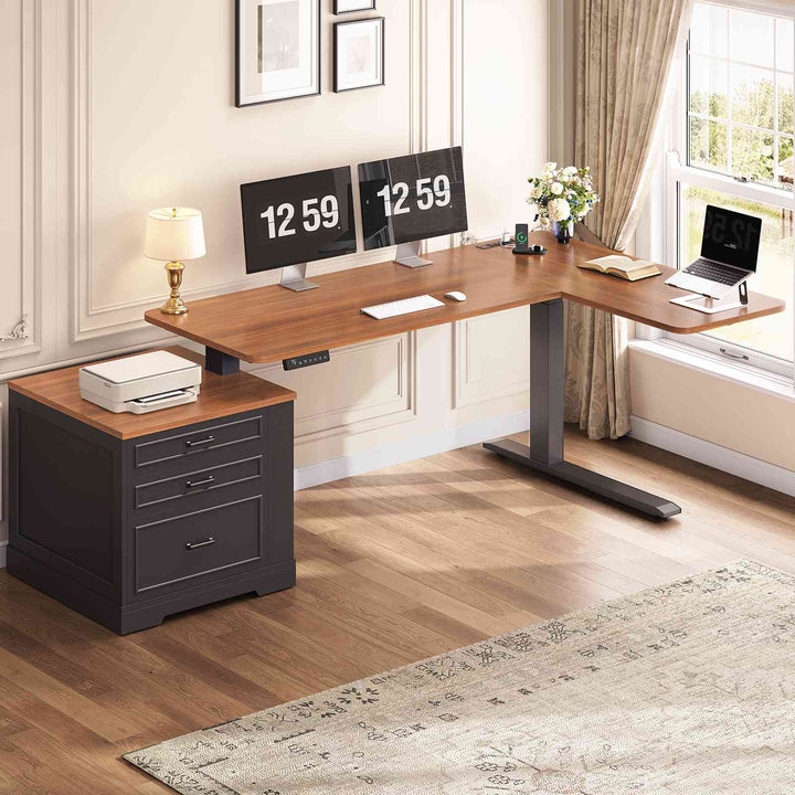SEDETA | 70.9 Inch Farmhouse Standing Computer Desks Electric Height Adjustable L Shaped Office Executive Desk with Power Outlet 3 Drawers for Home Office