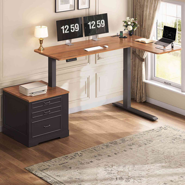 SEDETA | 70.9 Inch Farmhouse Standing Computer Desks Electric Height Adjustable L Shaped Office Executive Desk with Power Outlet 3 Drawers for Home Office