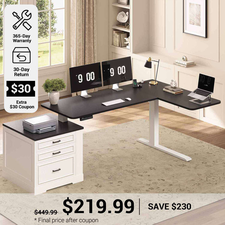 SEDETA® 70.9 Inch L Shaped Electric Standing Computer Desk Farmhouse Height Adjustable Office Executive Desk with 3 Drawers Power Outlet