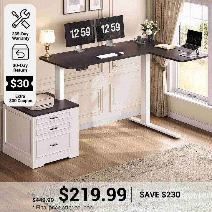 SEDETA® 70.9 Inch L Shaped Electric Standing Computer Desk Farmhouse Height Adjustable Office Executive Desk with 3 Drawers Power Outlet