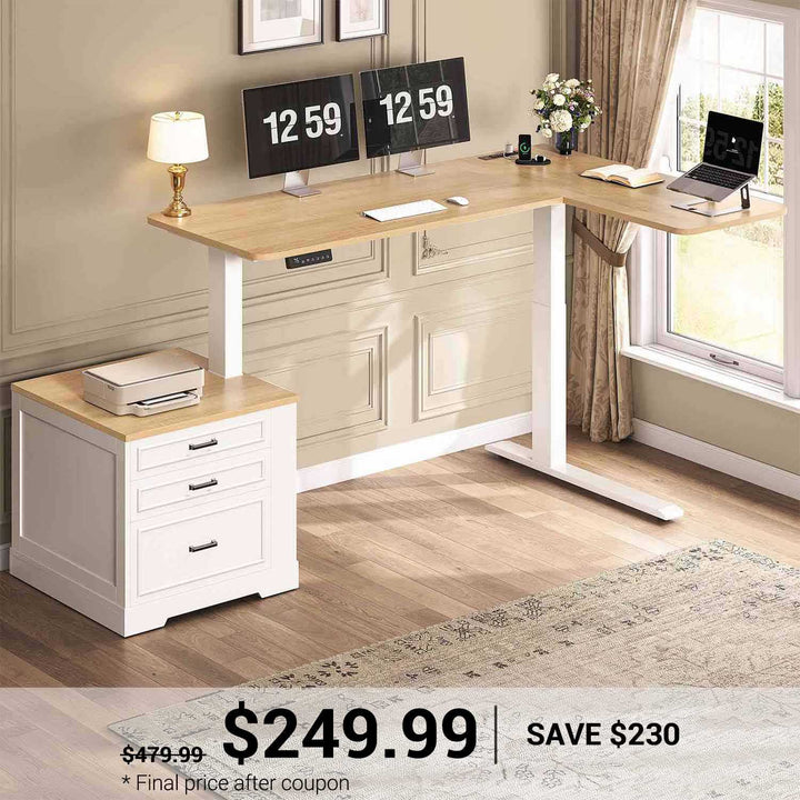 SEDETA 70.9 Inch Farmhouse L Shaped Electric Standing Desk Height Adjustable Office Executive Computer Desk with 3 Storage Drawers Power Outlet