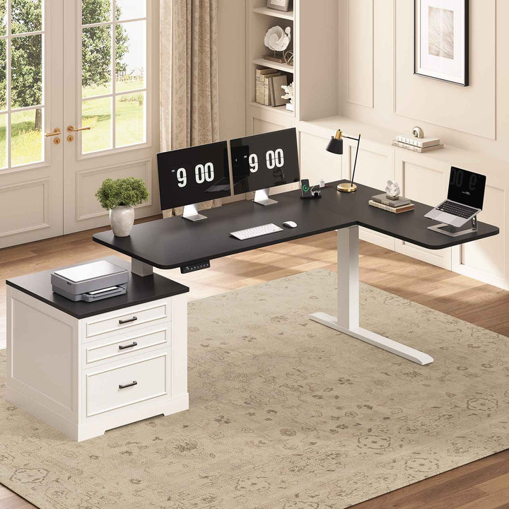 SEDETA | 70.9 Inch Farmhouse Standing Computer Desks Electric Height Adjustable L Shaped Office Executive Desk with Power Outlet 3 Drawers for Home Office