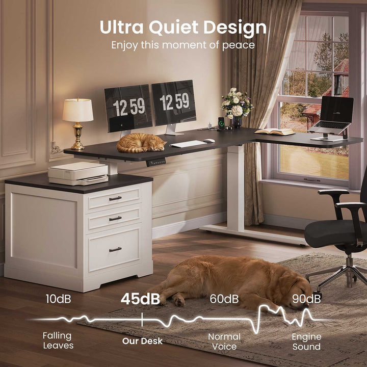 SEDETA | 70.9 Inch Farmhouse Standing Computer Desks Electric Height Adjustable L Shaped Office Executive Desk with Power Outlet 3 Drawers for Home Office