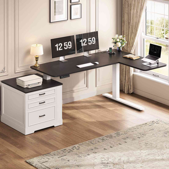 SEDETA | 70.9 Inch Farmhouse Standing Computer Desks Electric Height Adjustable L Shaped Office Executive Desk with Power Outlet 3 Drawers for Home Office