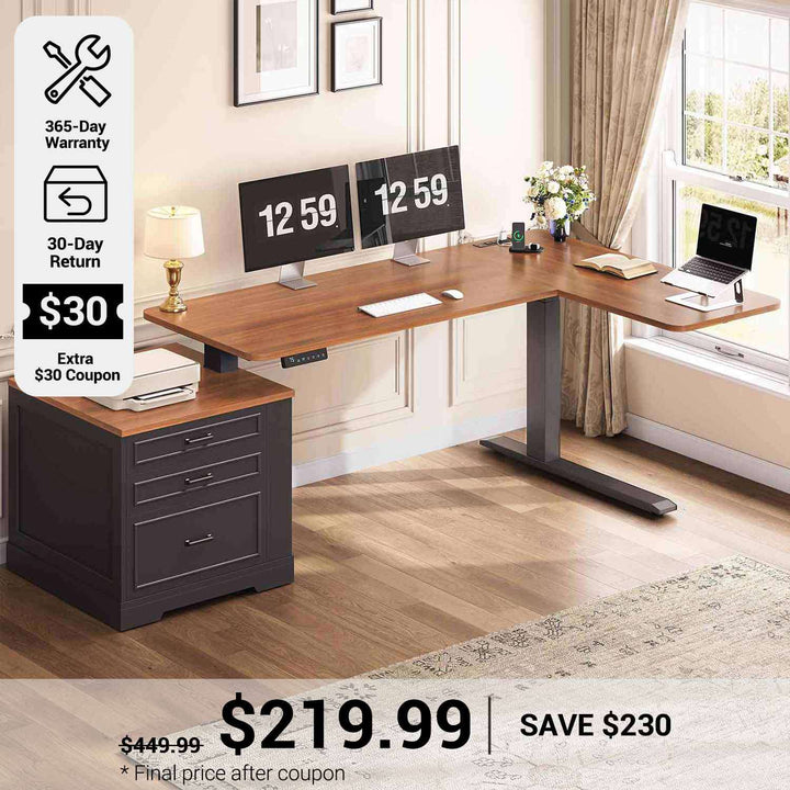 SEDETA® 70.9 Inch L Shaped Electric Standing Computer Desk Farmhouse Height Adjustable Office Executive Desk with 3 Drawers Power Outlet