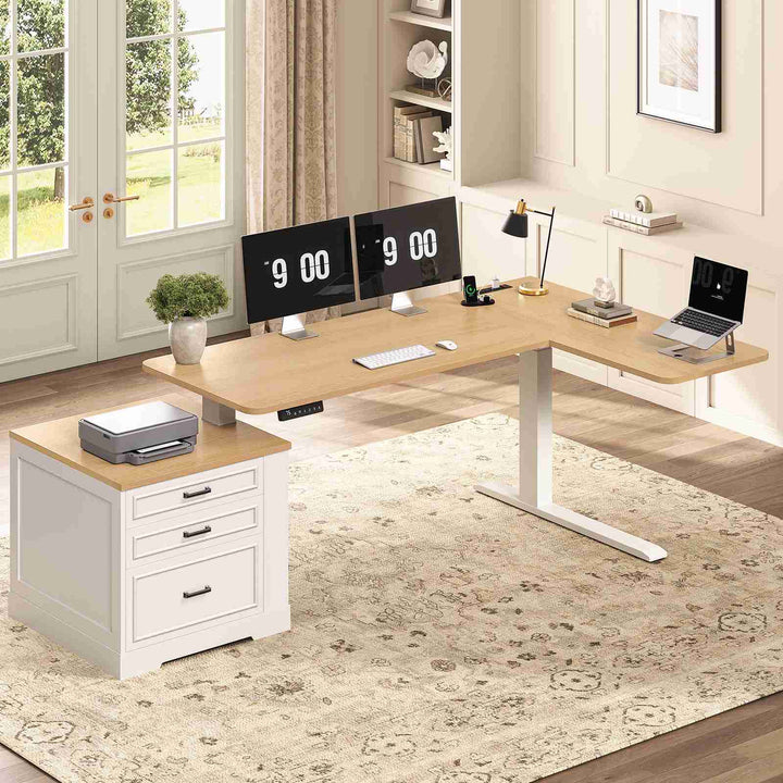 SEDETA | 70.9 Inch Farmhouse Standing Computer Desks Electric Height Adjustable L Shaped Office Executive Desk with Power Outlet 3 Drawers for Home Office