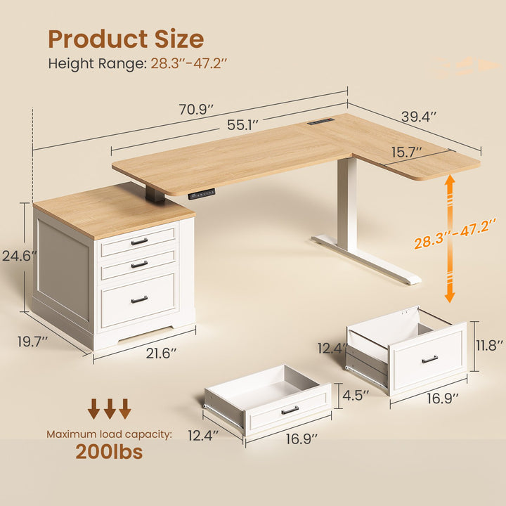SEDETA | 70.9 Inch Farmhouse Standing Computer Desks Electric Height Adjustable L Shaped Office Executive Desk with Power Outlet 3 Drawers for Home Office