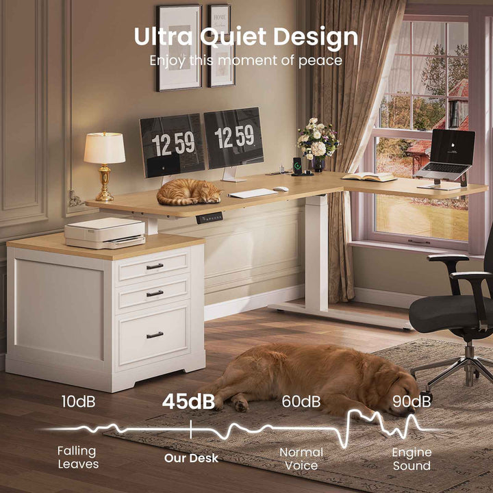SEDETA | 70.9 Inch Farmhouse Standing Computer Desks Electric Height Adjustable L Shaped Office Executive Desk with Power Outlet 3 Drawers for Home Office