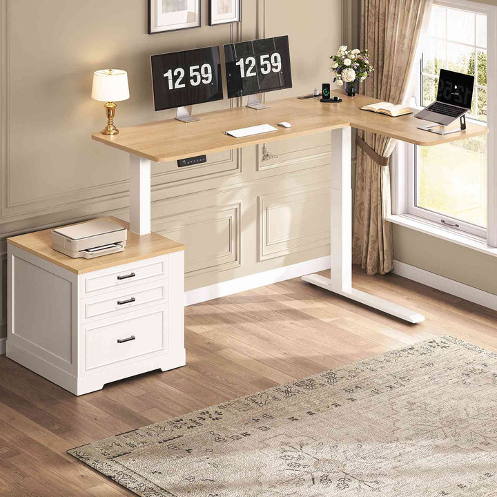 SEDETA | 70.9 Inch Farmhouse Standing Computer Desks Electric Height Adjustable L Shaped Office Executive Desk with Power Outlet 3 Drawers for Home Office