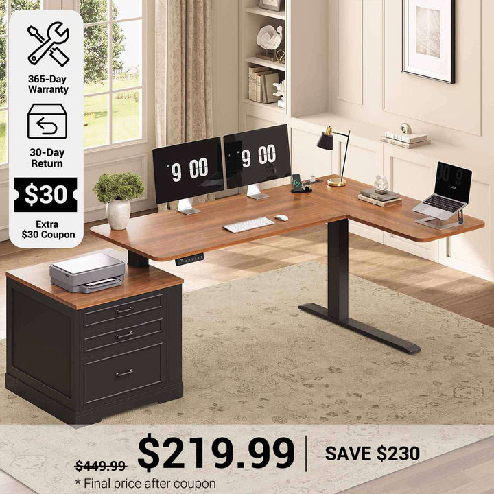 SEDETA® 70.9 Inch L Shaped Electric Standing Computer Desk Farmhouse Height Adjustable Office Executive Desk with 3 Drawers Power Outlet