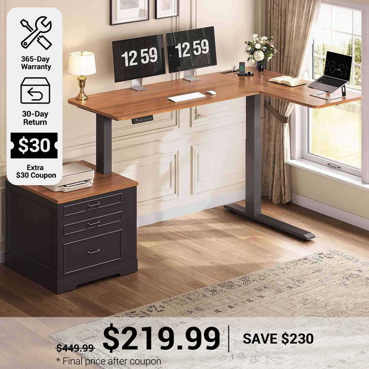 SEDETA® 70.9 Inch L Shaped Electric Standing Computer Desk Farmhouse Height Adjustable Office Executive Desk with 3 Drawers Power Outlet