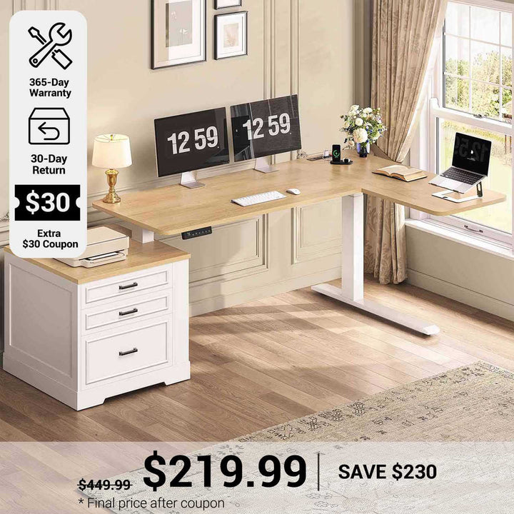 SEDETA® 70.9 Inch L Shaped Electric Standing Computer Desk Farmhouse Height Adjustable Office Executive Desk with 3 Drawers Power Outlet