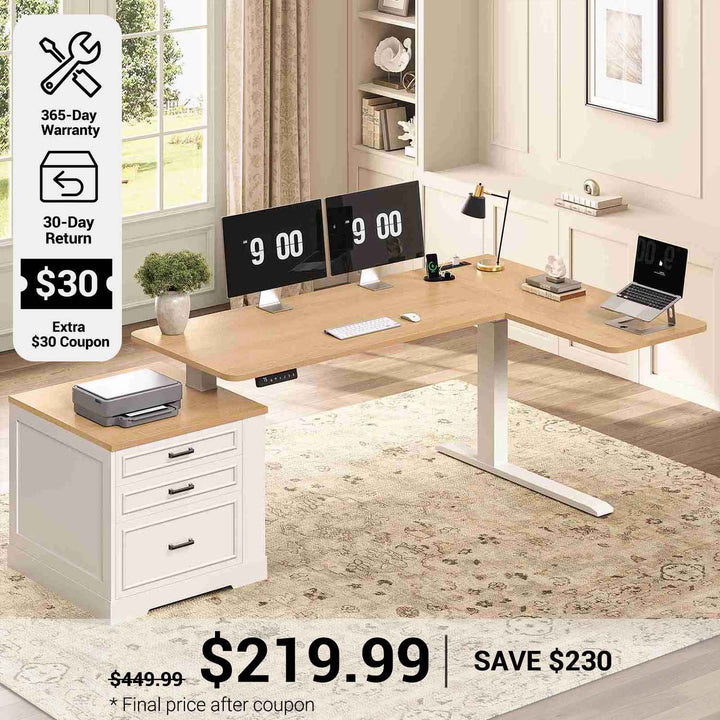 SEDETA® 70.9 Inch L Shaped Electric Standing Computer Desk Farmhouse Height Adjustable Office Executive Desk with 3 Drawers Power Outlet