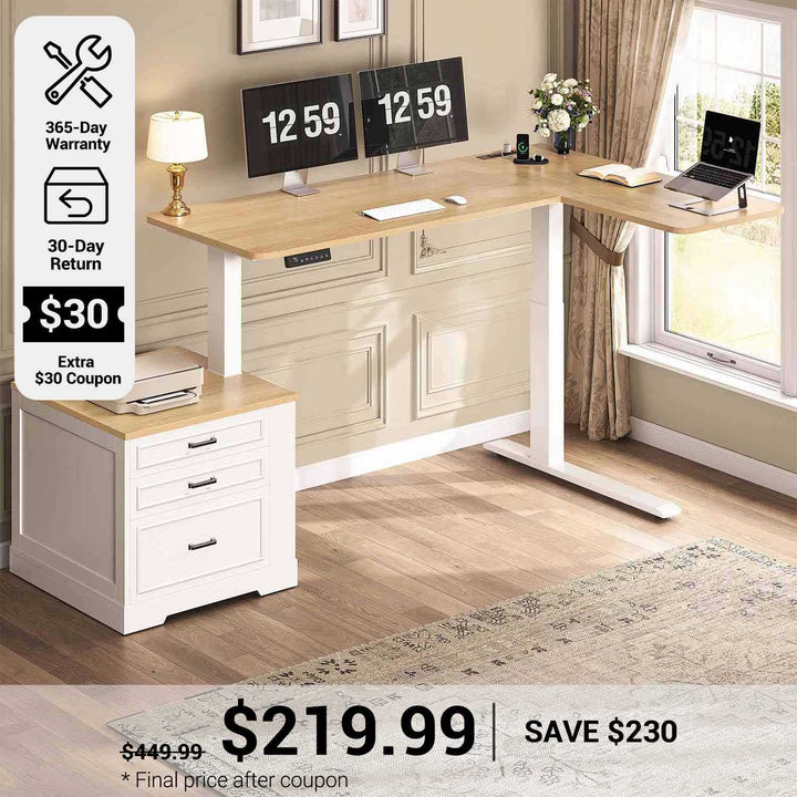 SEDETA® 70.9 Inch L Shaped Electric Standing Computer Desk Farmhouse Height Adjustable Office Executive Desk with 3 Drawers Power Outlet