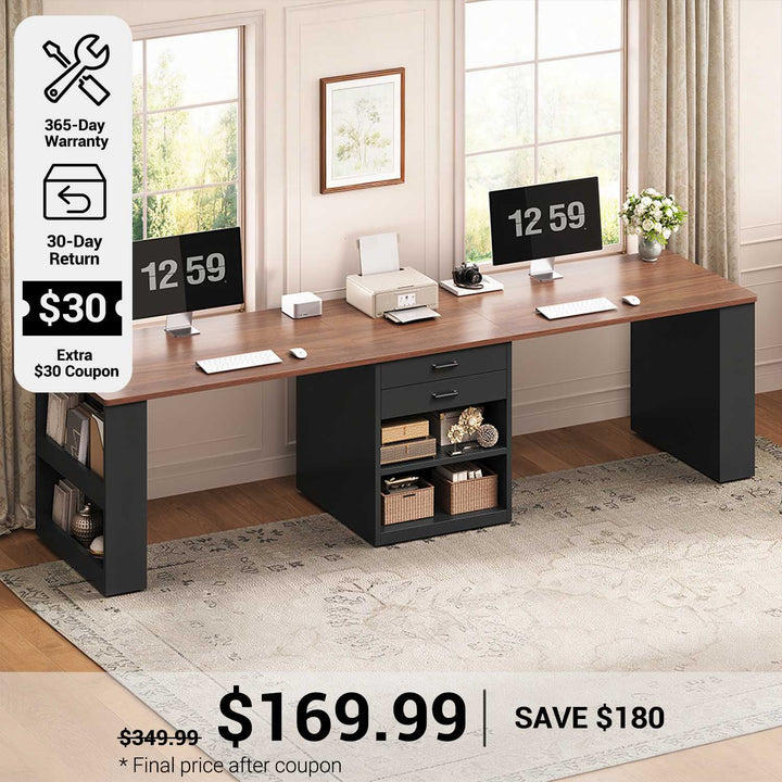 SEDETA® 90.5 Inch Two Person Computer Desk Long Office Desk Writing Desk with Two Drawers Storage Shelves for Home Office