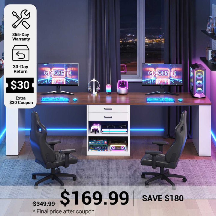 SEDETA® 90.5 Inch Two Person Computer Desk Long Office Desk Writing Desk with Two Drawers Storage Shelves for Home Office