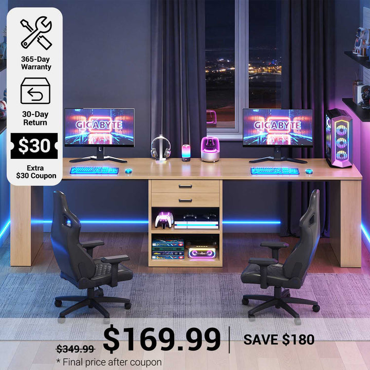 SEDETA® 90.5 Inch Two Person Computer Desk Long Office Desk Writing Desk with Two Drawers Storage Shelves for Home Office