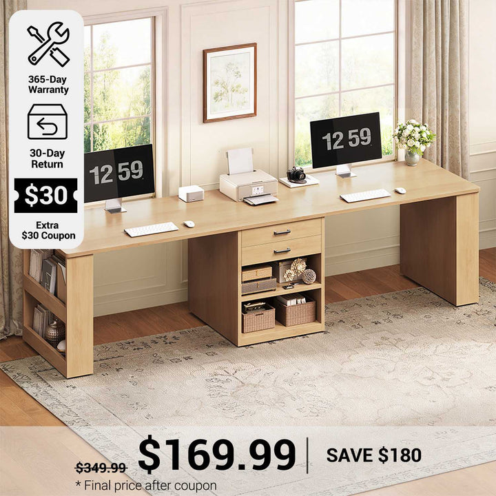SEDETA® 90.5 Inch Two Person Computer Desk Long Office Desk Writing Desk with Two Drawers Storage Shelves for Home Office