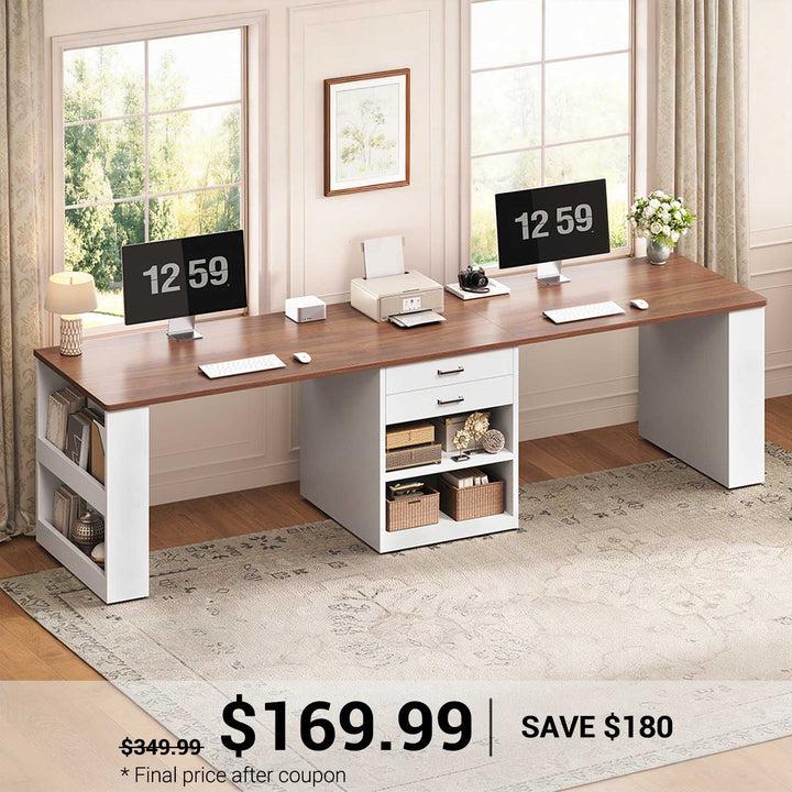 SEDETA® 90.5 Inch Two Person Computer Desk Long Office Desk Writing Desk with Two Drawers Storage Shelves for Home Office