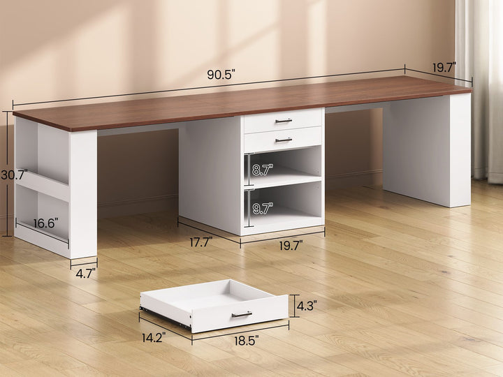 SEDETA® 90.5 Inch Two Person Computer Desk Long Office Desk Writing Desk with Two Drawers Storage Shelves for Home Office