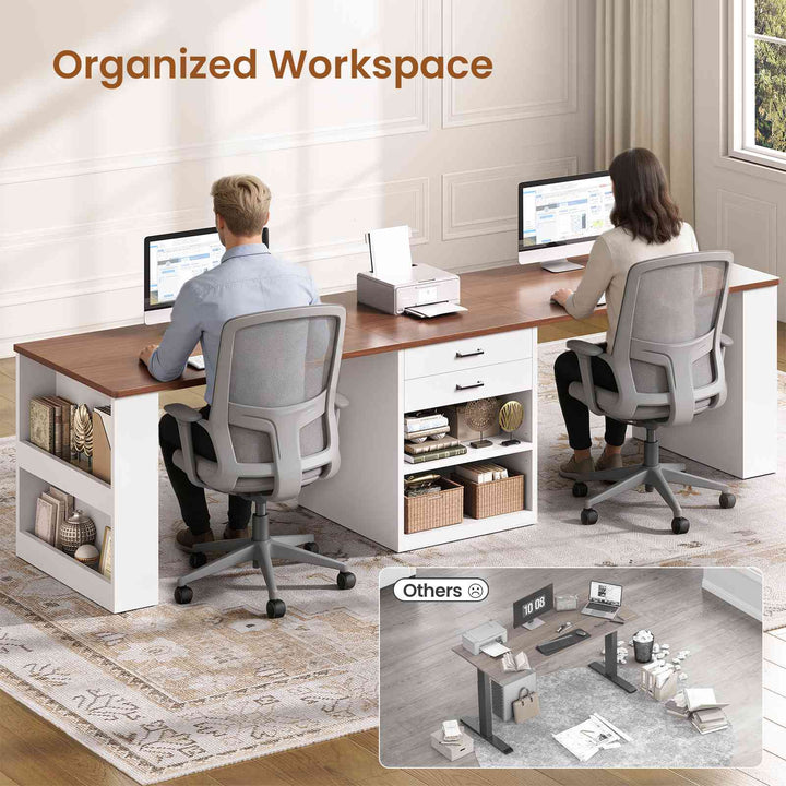 SEDETA® 90.5 Inch Two Person Computer Desk Long Office Desk Writing Desk with Two Drawers Storage Shelves for Home Office