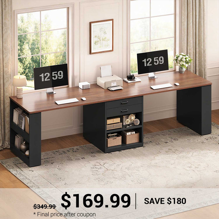 SEDETA® 90.5 Inch Two Person Computer Desk Long Office Desk Writing Desk with Two Drawers Storage Shelves for Home Office