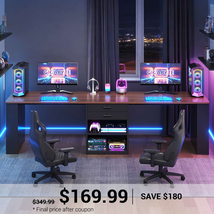 SEDETA® 90.5 Inch Two Person Computer Desk Long Office Desk Writing Desk with Two Drawers Storage Shelves for Home Office