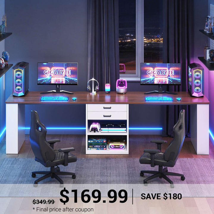 SEDETA® 90.5 Inch Two Person Computer Desk Long Office Desk Writing Desk with Two Drawers Storage Shelves for Home Office