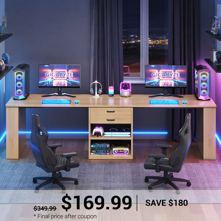 SEDETA® 90.5 Inch Two Person Computer Desk Long Office Desk Writing Desk with Two Drawers Storage Shelves for Home Office