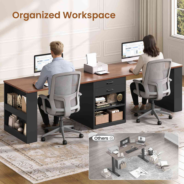 SEDETA® 90.5 Inch Two Person Computer Desk Long Office Desk Writing Desk with Two Drawers Storage Shelves for Home Office
