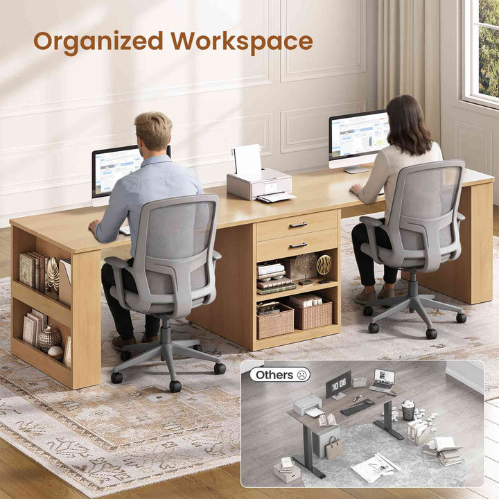 SEDETA® 90.5 Inch Two Person Computer Desk Long Office Desk Writing Desk with Two Drawers Storage Shelves for Home Office