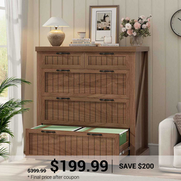SEDETA | 33.5 Inch Lateral File Cabinets with Printer Stand Farmhouse Wood Home Office File Cabinets with 5 Drawers for Letter/Legal/A4 Size