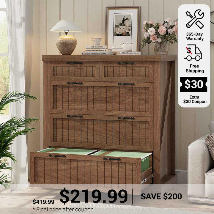 SEDETA 33.5 Inch Farmhouse Lateral File Cabinet with 5 Drawers Printer Stand Wood Home Office Filing Cabinet for Letter/Legal/A4 Size